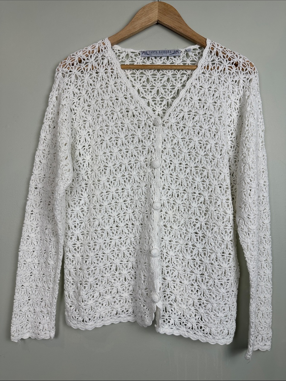 Vintage Cotton Ramie White Crochet Button-Front Women's Cardigan feminine dainty